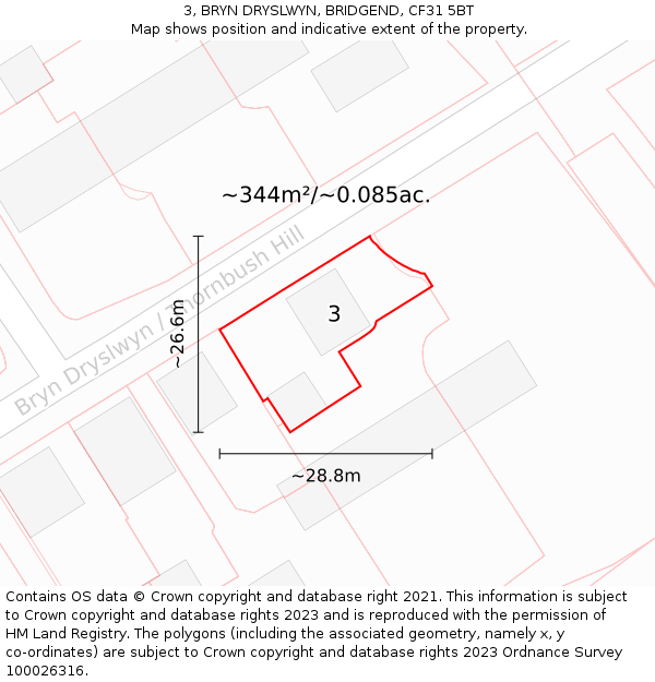 3, BRYN DRYSLWYN, BRIDGEND, CF31 5BT: Plot and title map