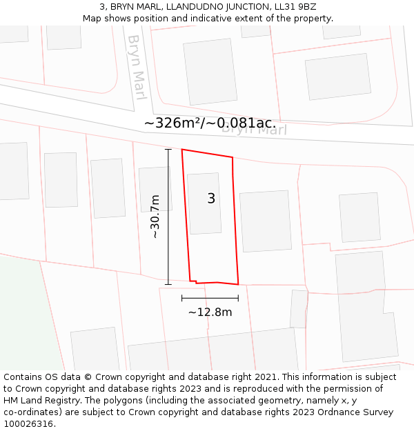 3, BRYN MARL, LLANDUDNO JUNCTION, LL31 9BZ: Plot and title map