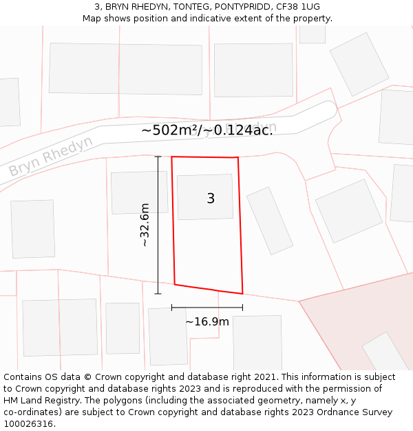 3, BRYN RHEDYN, TONTEG, PONTYPRIDD, CF38 1UG: Plot and title map