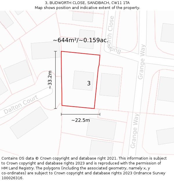 3, BUDWORTH CLOSE, SANDBACH, CW11 1TA: Plot and title map
