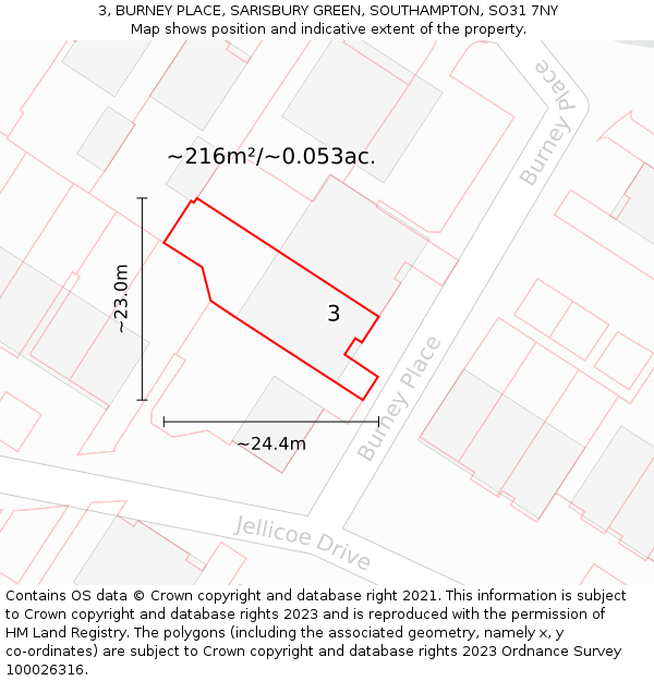 3, BURNEY PLACE, SARISBURY GREEN, SOUTHAMPTON, SO31 7NY: Plot and title map