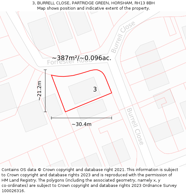 3, BURRELL CLOSE, PARTRIDGE GREEN, HORSHAM, RH13 8BH: Plot and title map