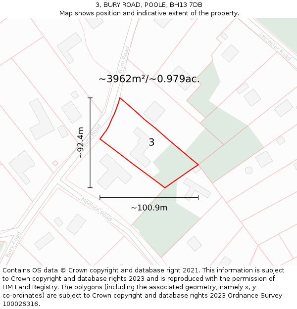 3, BURY ROAD, POOLE, BH13 7DB: Plot and title map