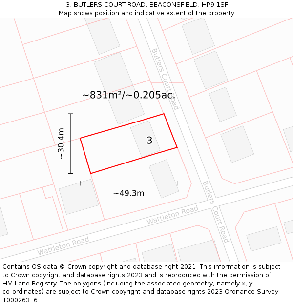 3, BUTLERS COURT ROAD, BEACONSFIELD, HP9 1SF: Plot and title map