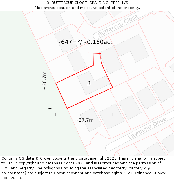 3, BUTTERCUP CLOSE, SPALDING, PE11 1YS: Plot and title map