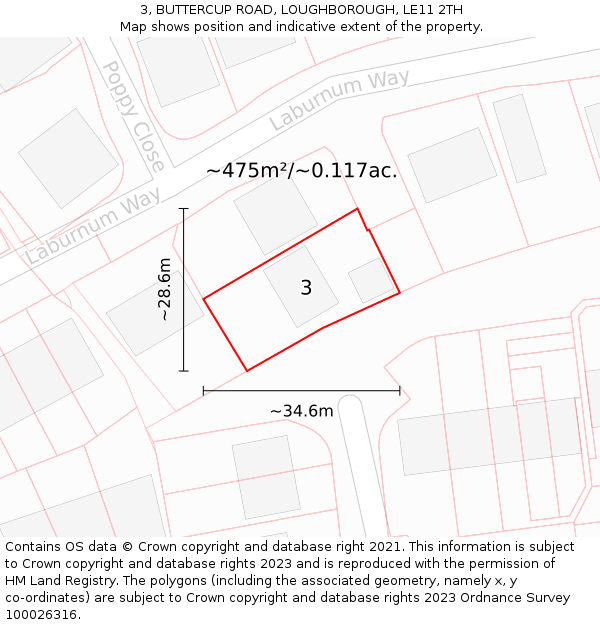 3, BUTTERCUP ROAD, LOUGHBOROUGH, LE11 2TH: Plot and title map