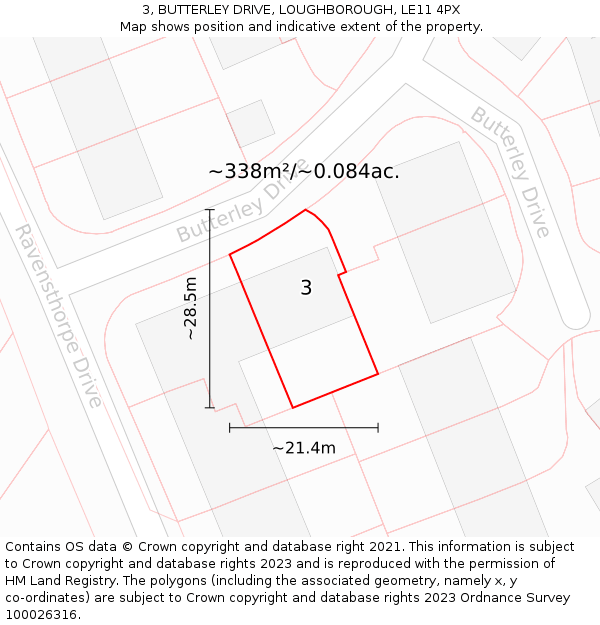 3, BUTTERLEY DRIVE, LOUGHBOROUGH, LE11 4PX: Plot and title map