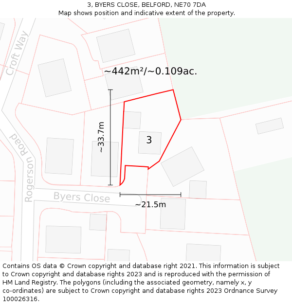 3, BYERS CLOSE, BELFORD, NE70 7DA: Plot and title map