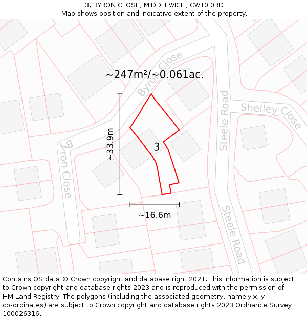 3, BYRON CLOSE, MIDDLEWICH, CW10 0RD: Plot and title map