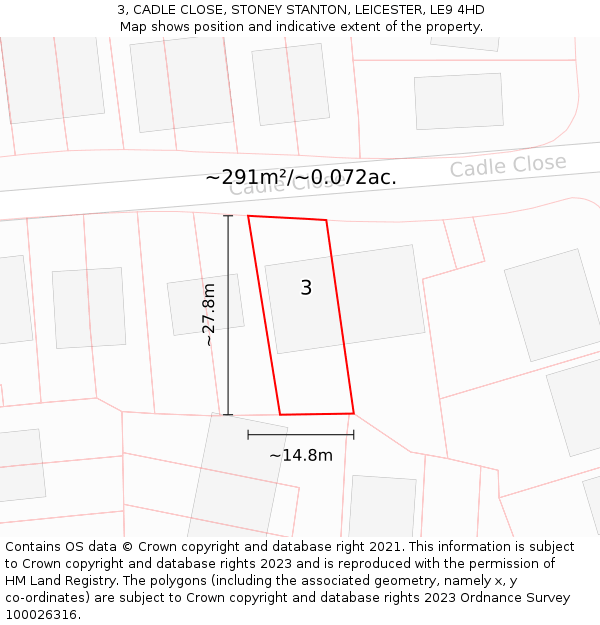 3, CADLE CLOSE, STONEY STANTON, LEICESTER, LE9 4HD: Plot and title map