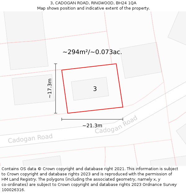 3, CADOGAN ROAD, RINGWOOD, BH24 1QA: Plot and title map