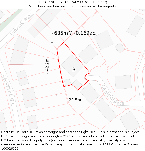 3, CAENSHILL PLACE, WEYBRIDGE, KT13 0SQ: Plot and title map