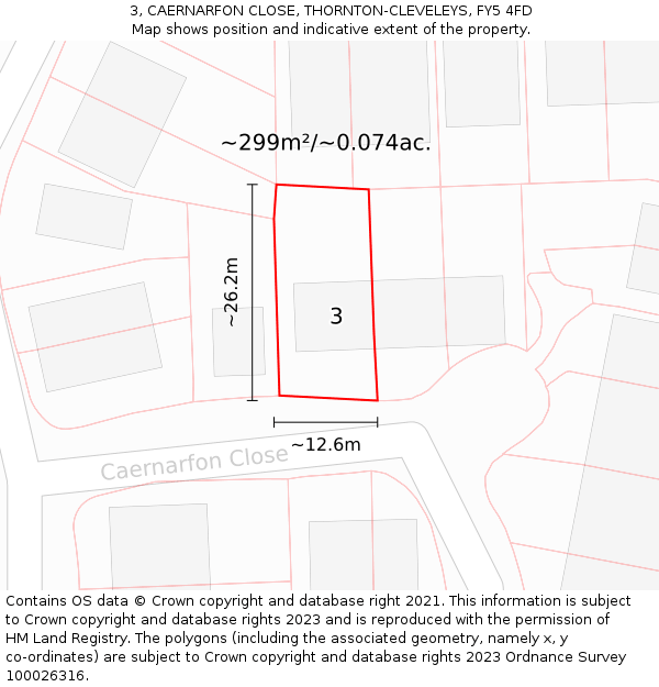 3, CAERNARFON CLOSE, THORNTON-CLEVELEYS, FY5 4FD: Plot and title map