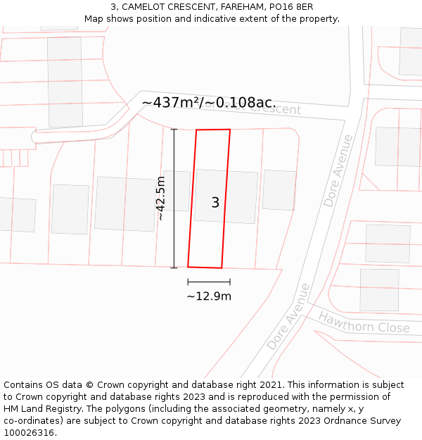 3, CAMELOT CRESCENT, FAREHAM, PO16 8ER: Plot and title map