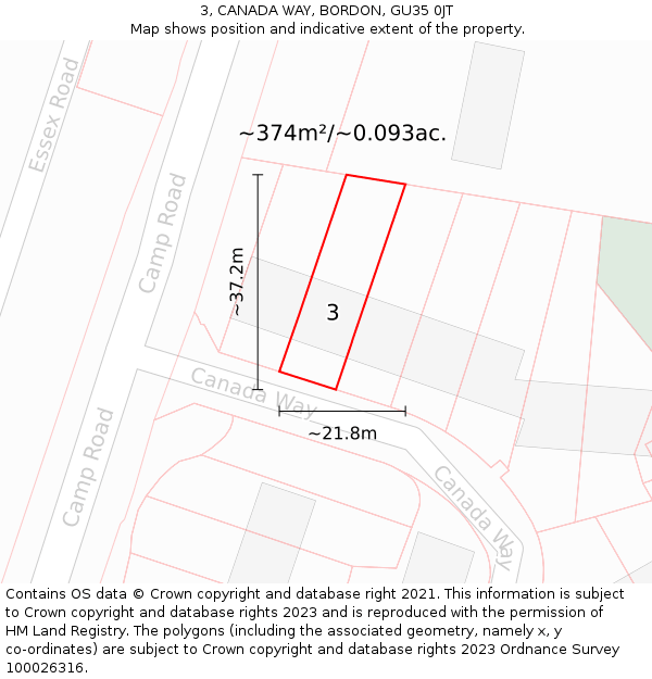 3, CANADA WAY, BORDON, GU35 0JT: Plot and title map