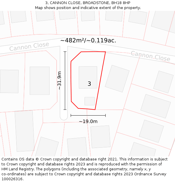 3, CANNON CLOSE, BROADSTONE, BH18 8HP: Plot and title map