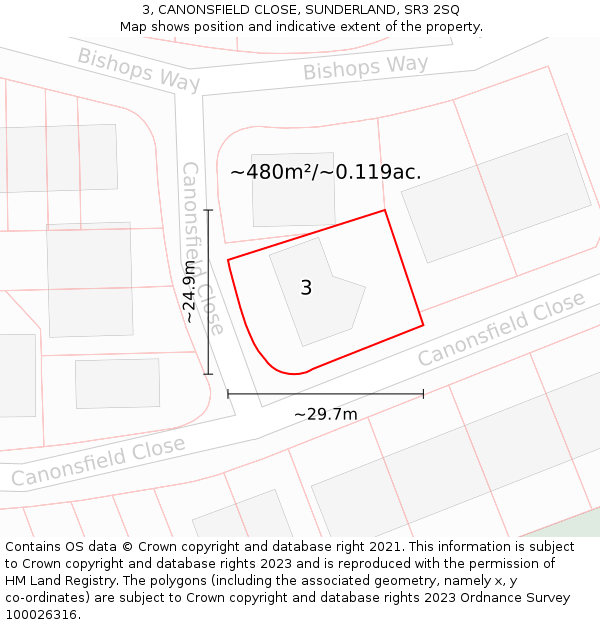 3, CANONSFIELD CLOSE, SUNDERLAND, SR3 2SQ: Plot and title map