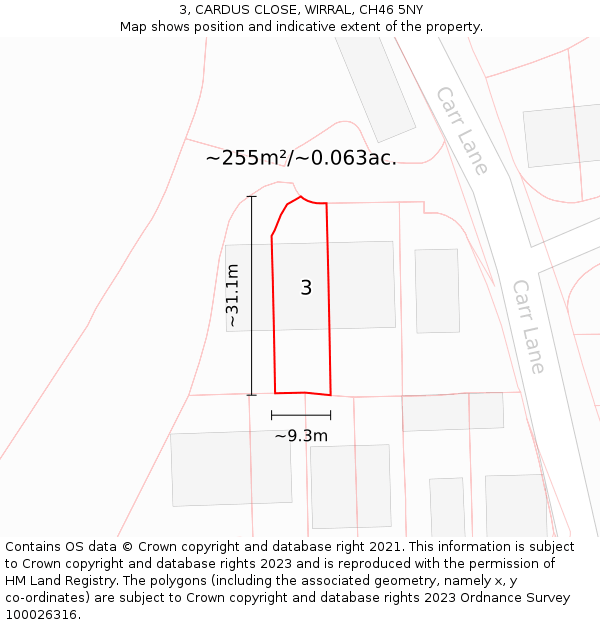 3, CARDUS CLOSE, WIRRAL, CH46 5NY: Plot and title map