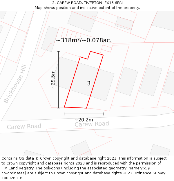 3, CAREW ROAD, TIVERTON, EX16 6BN: Plot and title map