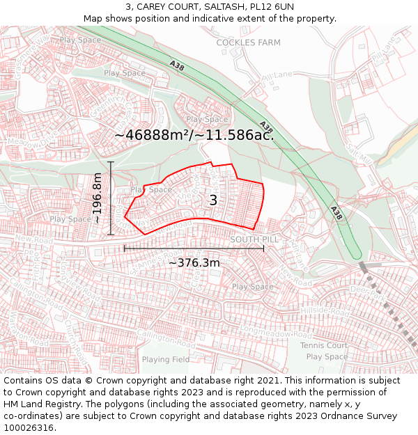 3, CAREY COURT, SALTASH, PL12 6UN: Plot and title map