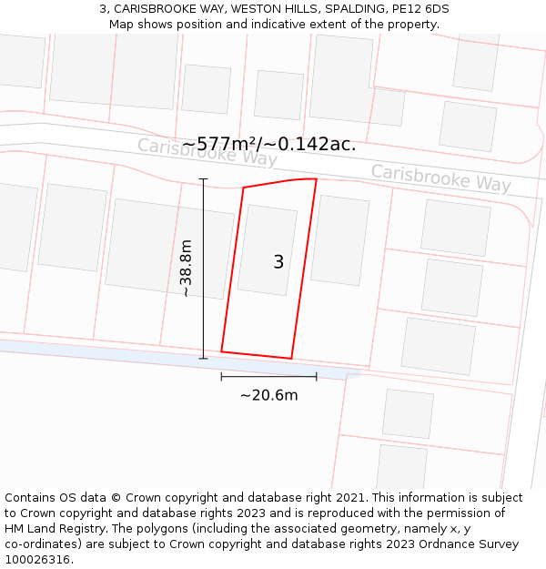 3, CARISBROOKE WAY, WESTON HILLS, SPALDING, PE12 6DS: Plot and title map