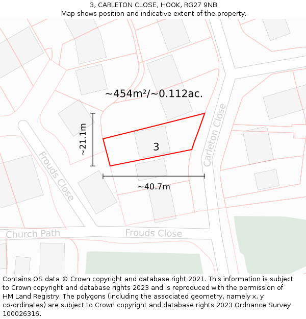 3, CARLETON CLOSE, HOOK, RG27 9NB: Plot and title map