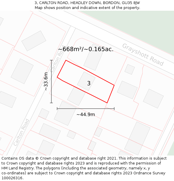 3, CARLTON ROAD, HEADLEY DOWN, BORDON, GU35 8JW: Plot and title map