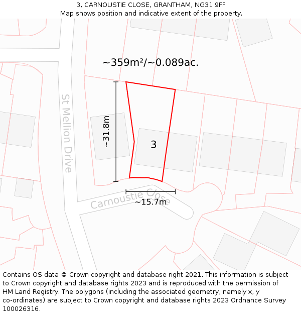 3, CARNOUSTIE CLOSE, GRANTHAM, NG31 9FF: Plot and title map