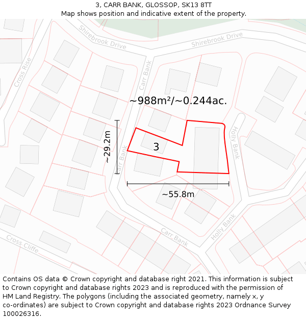 3, CARR BANK, GLOSSOP, SK13 8TT: Plot and title map