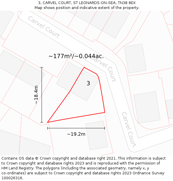 3, CARVEL COURT, ST LEONARDS-ON-SEA, TN38 8EX: Plot and title map