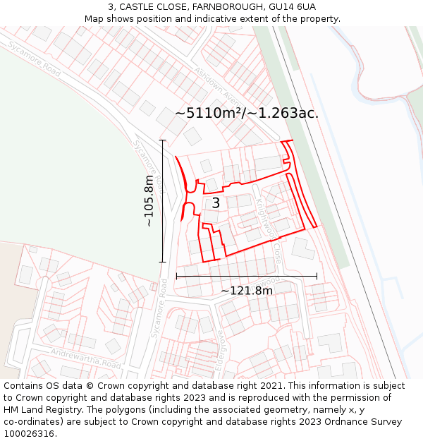 3, CASTLE CLOSE, FARNBOROUGH, GU14 6UA: Plot and title map