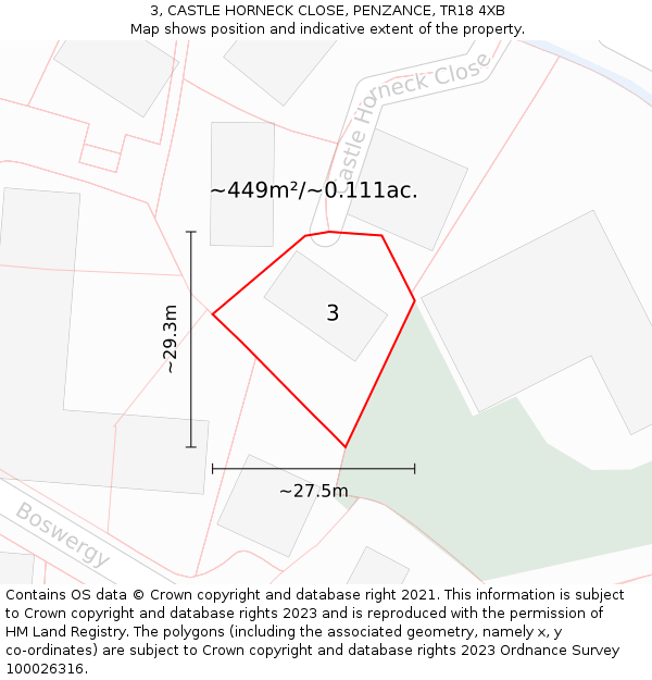 3, CASTLE HORNECK CLOSE, PENZANCE, TR18 4XB: Plot and title map