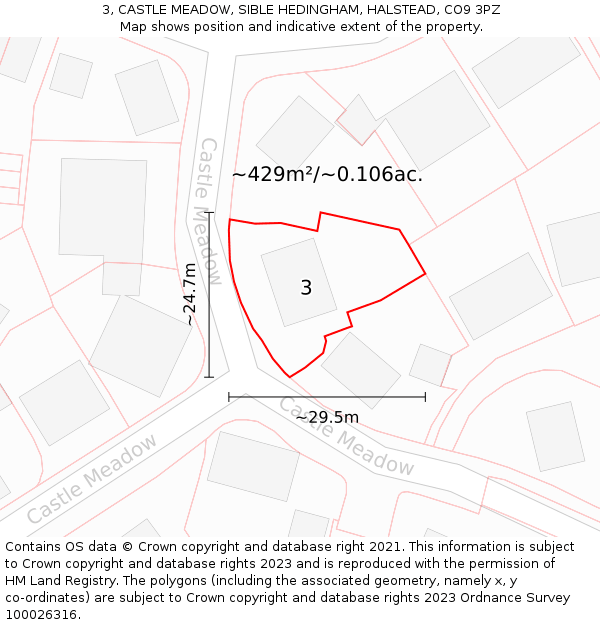 3, CASTLE MEADOW, SIBLE HEDINGHAM, HALSTEAD, CO9 3PZ: Plot and title map