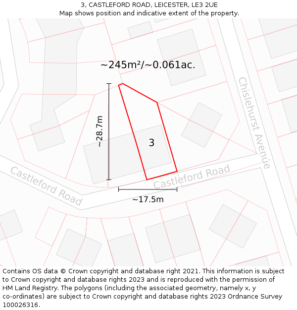 3, CASTLEFORD ROAD, LEICESTER, LE3 2UE: Plot and title map