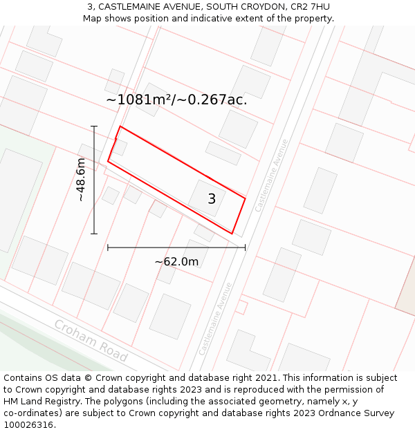 3, CASTLEMAINE AVENUE, SOUTH CROYDON, CR2 7HU: Plot and title map