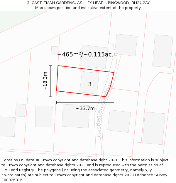 3, CASTLEMAN GARDENS, ASHLEY HEATH, RINGWOOD, BH24 2AY: Plot and title map