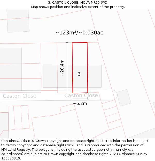 3, CASTON CLOSE, HOLT, NR25 6PD: Plot and title map