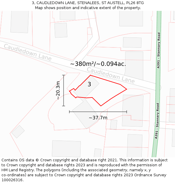 3, CAUDLEDOWN LANE, STENALEES, ST AUSTELL, PL26 8TG: Plot and title map