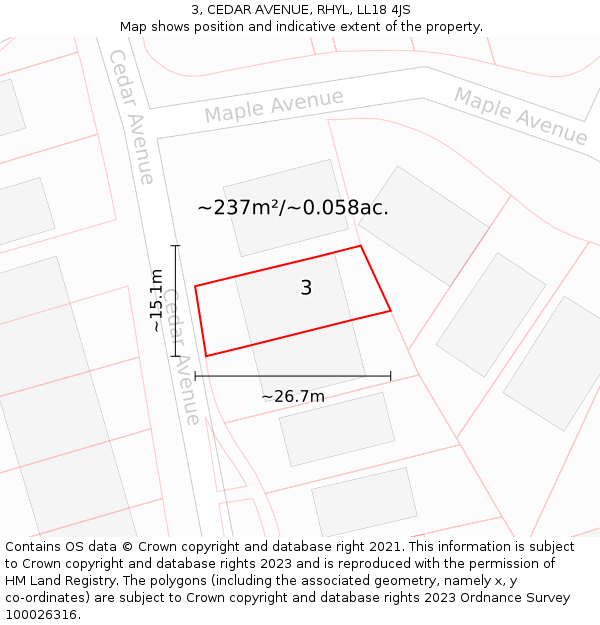 3, CEDAR AVENUE, RHYL, LL18 4JS: Plot and title map