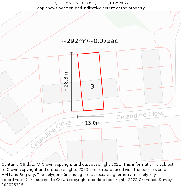 3, CELANDINE CLOSE, HULL, HU5 5GA: Plot and title map