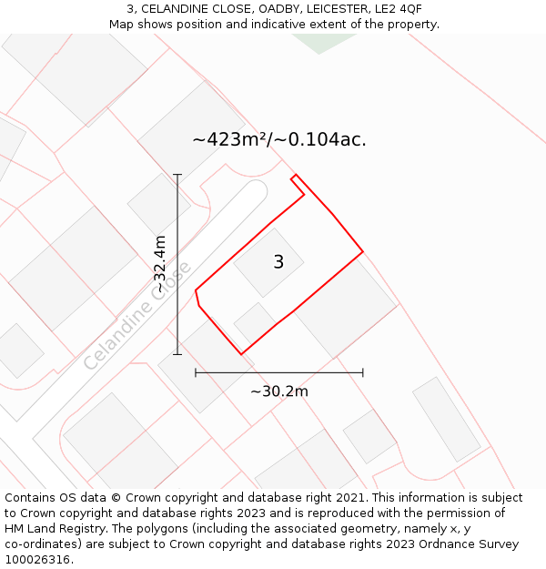 3, CELANDINE CLOSE, OADBY, LEICESTER, LE2 4QF: Plot and title map