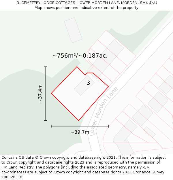 3, CEMETERY LODGE COTTAGES, LOWER MORDEN LANE, MORDEN, SM4 4NU: Plot and title map