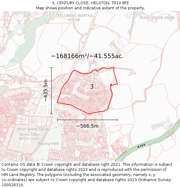 3, CENTURY CLOSE, HELSTON, TR13 8FE: Plot and title map