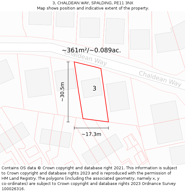 3, CHALDEAN WAY, SPALDING, PE11 3NX: Plot and title map