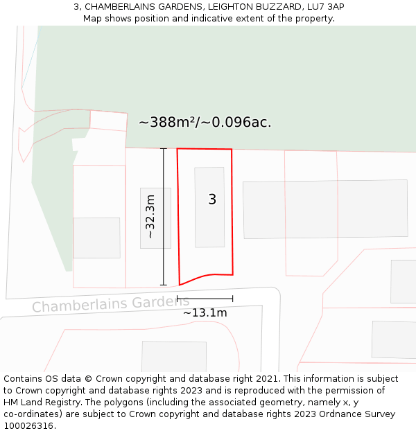 3, CHAMBERLAINS GARDENS, LEIGHTON BUZZARD, LU7 3AP: Plot and title map