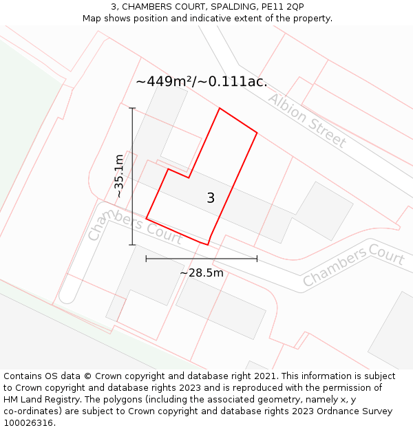 3, CHAMBERS COURT, SPALDING, PE11 2QP: Plot and title map