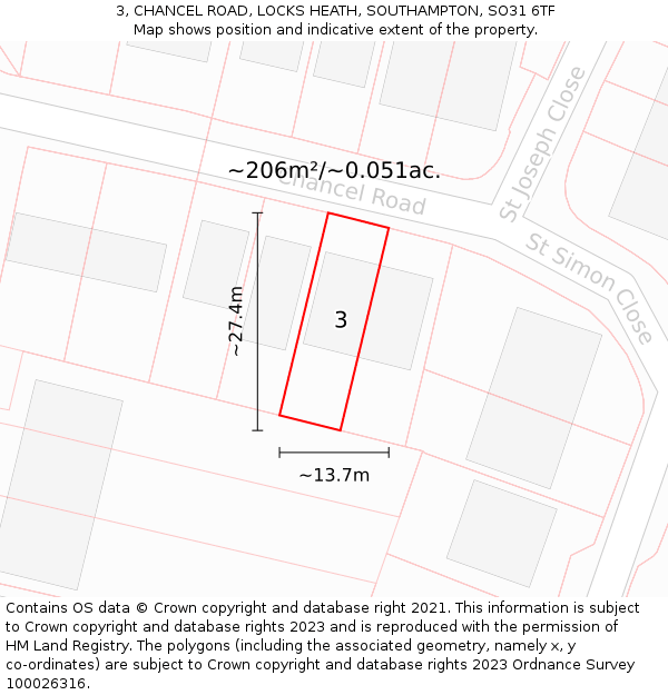 3, CHANCEL ROAD, LOCKS HEATH, SOUTHAMPTON, SO31 6TF: Plot and title map