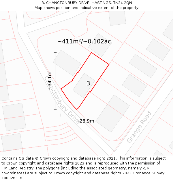 3, CHANCTONBURY DRIVE, HASTINGS, TN34 2QN: Plot and title map