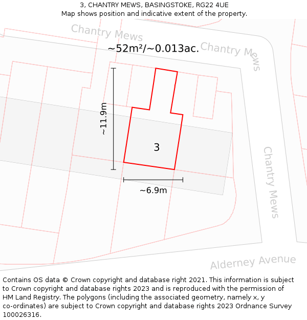 3, CHANTRY MEWS, BASINGSTOKE, RG22 4UE: Plot and title map