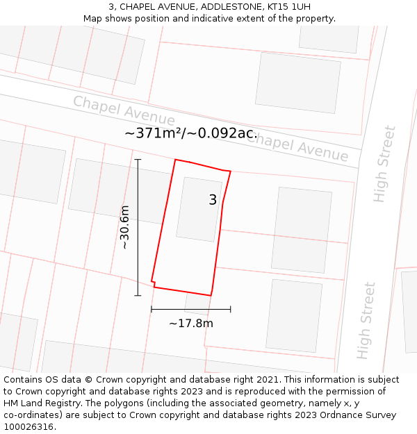 3, CHAPEL AVENUE, ADDLESTONE, KT15 1UH: Plot and title map